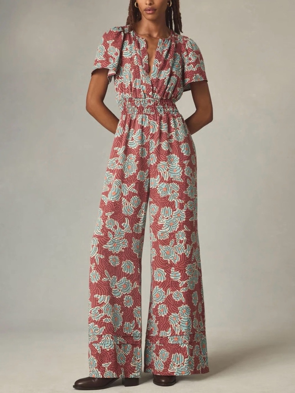 By Anthropologie Somerset Maroon Floral Print Flutter Wide Leg Pant Jumpsuit S